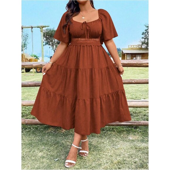 Plus Size Women's Dress Ruffle Tie Front Square Neck A Line Casual Summer - Picture 5 of 5